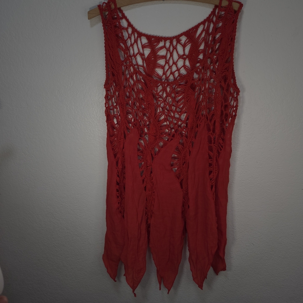 Asha Red Boho Crochet Full Lace Asymmetric Waves Boho Festival Tank Top One Size